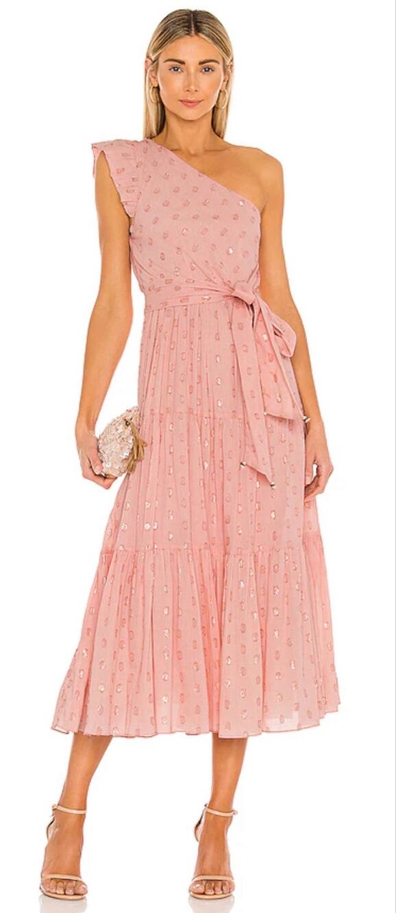 Karina Grimaldi Midi Dress Coral Pink One Shoulder Belted Polka Dot